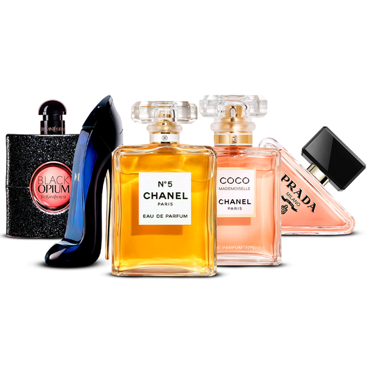 Set de 5 Perfumes – Black Opium, Good Girl, Chanel N°5, Coco Mademoiselle y Prada Paradoxe [100 ml cada uno]