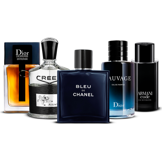 Set de 5 Perfumes – Dior Homme Intense, Creed Aventus, Bleu de Chanel, Sauvage y Armani Code [100 ml cada uno]