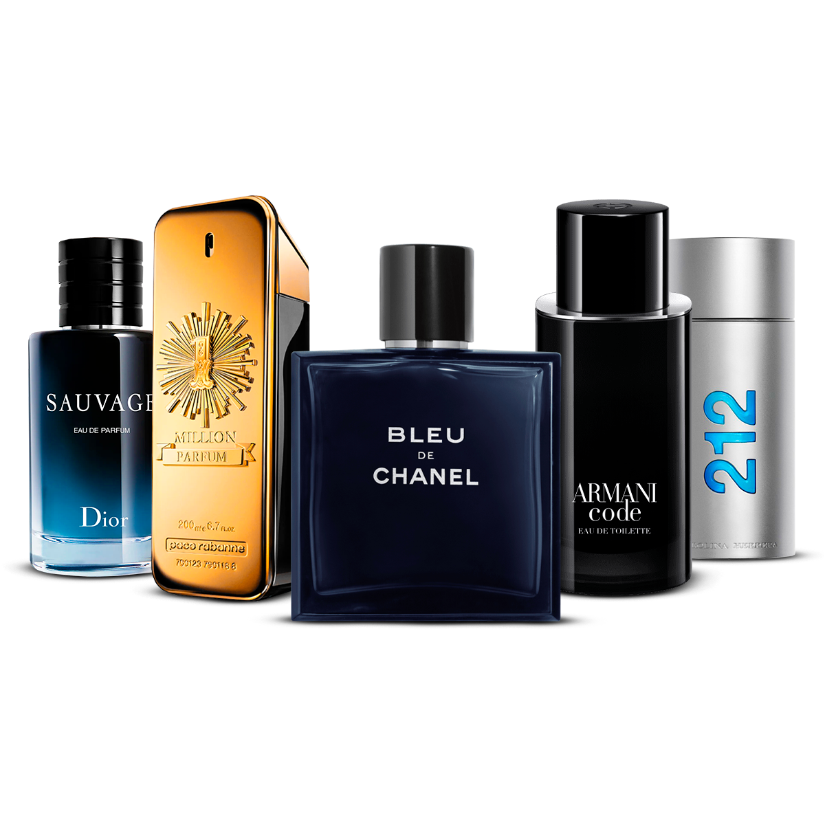 Set de 5 Perfumes – Sauvage, 1 Million, Bleu de Chanel, Armani Code y 212 Men [100 ml cada uno]