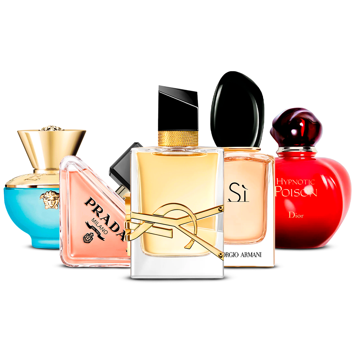 Set de 5 Perfumes – Versace Dylan Turquoise, Prada Paradoxe, Yves Saint Laurent Libre, Giorgio Armani Sì y Dior Hypnotic Poison [100 ml cada uno]