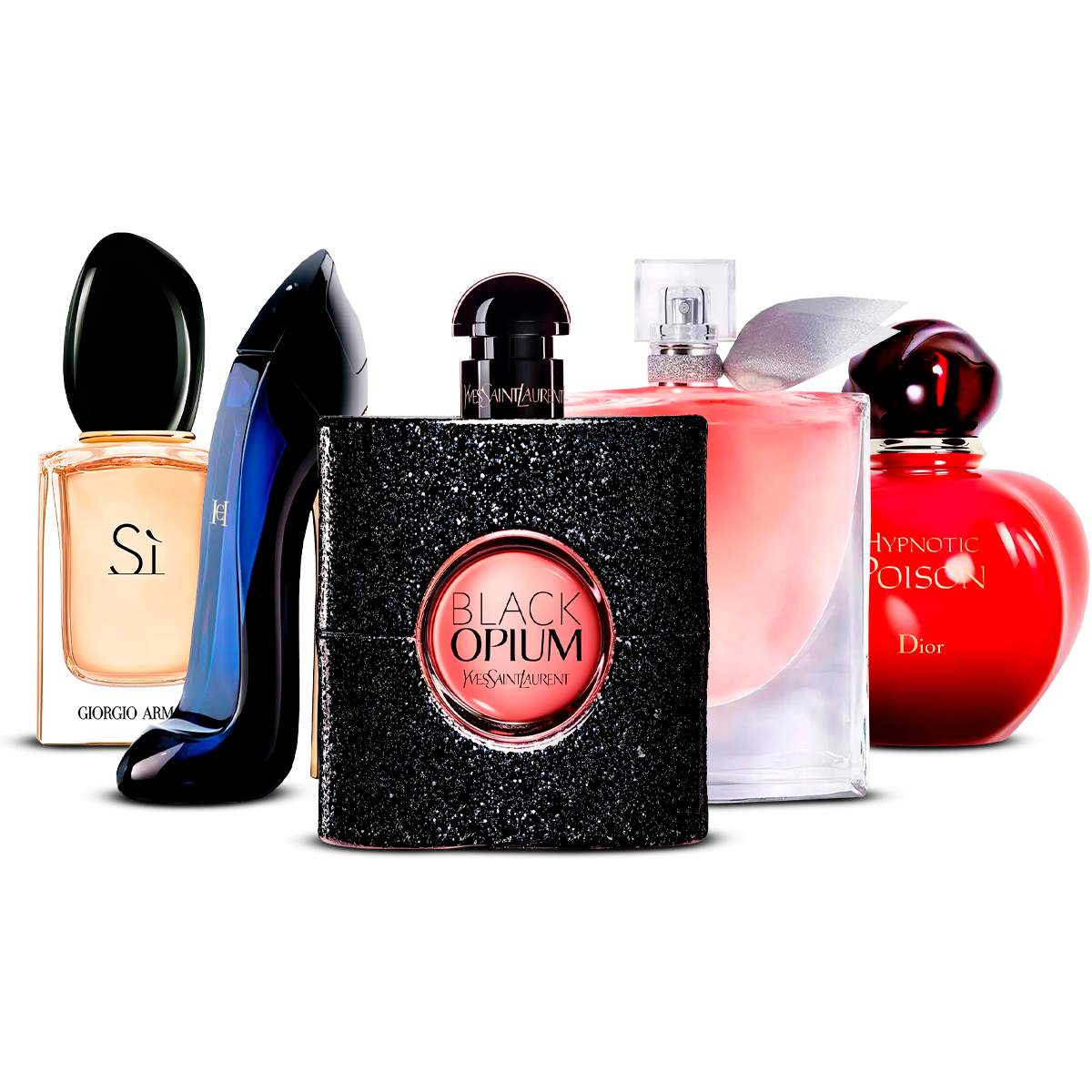 Set de 5 Perfumes – Sì, Good Girl, Black Opium, La Vie Est Belle y Hypnotic Poison [100 ml cada uno]