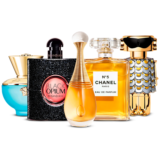 Set de 5 Perfumes – Versace Dylan Turquoise, Black Opium, J'adore, Chanel Nº5 y Fame [100 ml cada uno]