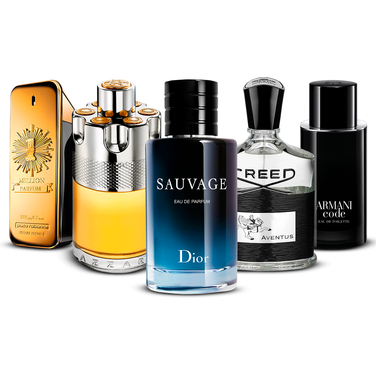 Set de 5 Perfumes – 1 Million, Azzaro Wanted, Sauvage, Creed Aventus y Armani Code [100 ml cada uno]