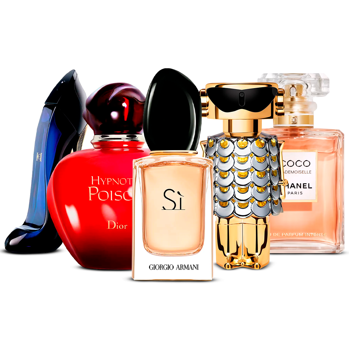 Set de 5 Perfumes – Good Girl, Hypnotic Poison, Sì, Fame y Coco Mademoiselle [100 ml cada uno]
