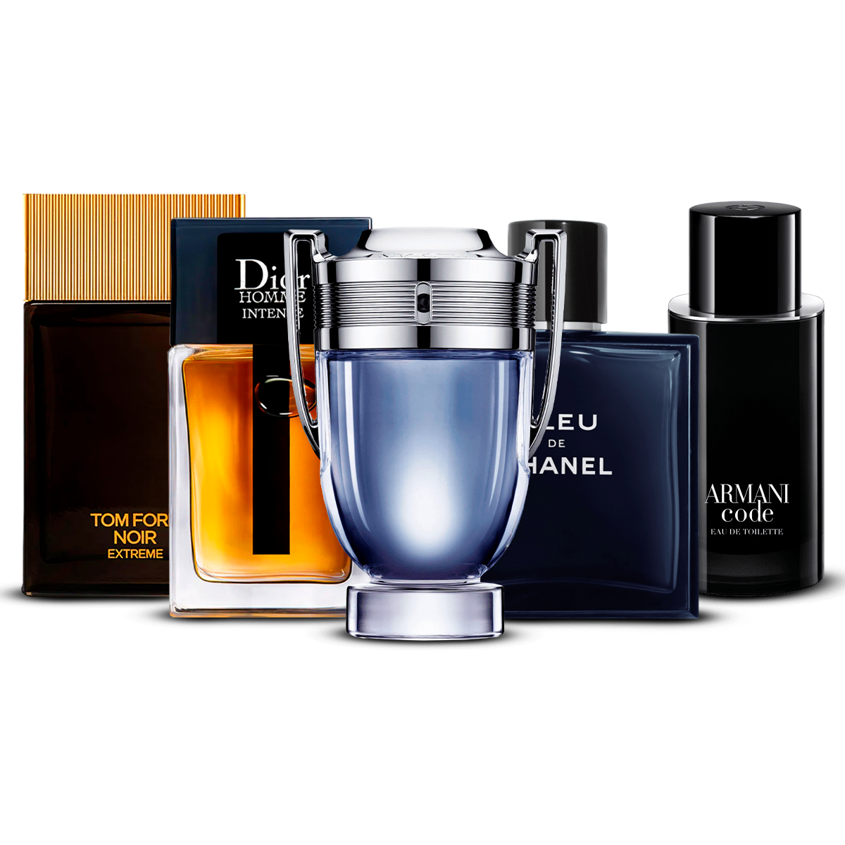 Set de 5 Perfumes – Tom Ford Noir Extrême, Dior Homme Intense, Invictus, Bleu de Chanel y Armani Code [100 ml cada uno]