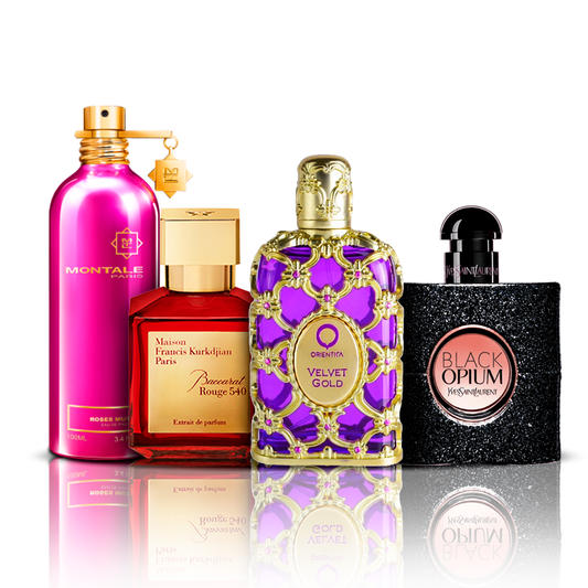 Set 4 Perfumes | Orientica Velvet Gold + Baccarat Rouge + Black Opium + Montale Roses Musk 100 ml