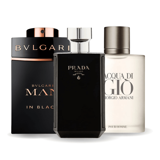 Set de 3 perfumes Bvlgari In Black, Giorgio Armani Acqua Di Gio, L'Homme Prada Intense 100ml