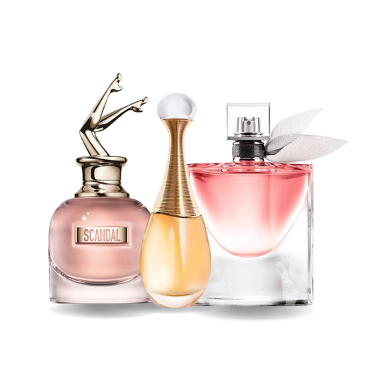 Set de 3 perfumes Jean Paul Gaultier SCANDAL, Dior J'ADORE y Lancôme LA VIE EST BELLE 100ml