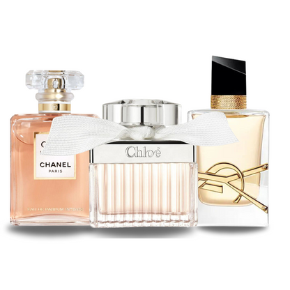 Set de 3 perfumes Chanel COCO MADEMOISELLE, Yves Saint Laurent LIBRE y CHLOÉ 100ml