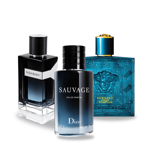 Set de 3 perfumes Dior SAUVAGE, Yves Saint Laurent Y MEN y Versace EROS 100ml