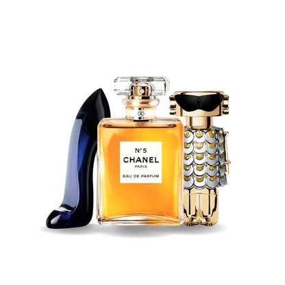 Set de 3 perfumes Carolina Herrera GOOD GIRL, Chanel Nº5 y Paco Rabanne FAME