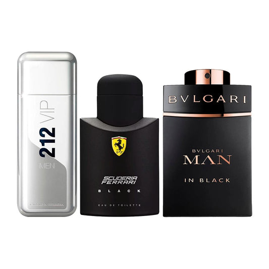 Combo de 3 Perfumes Masculinos - 212 VIP, Ferrari Black y Bvlgari In Black